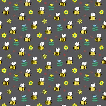 Cute Bee Seamless Pattern, Cartoon Hand Drawn honeybee Doodles Vector Illustr イラスト素材