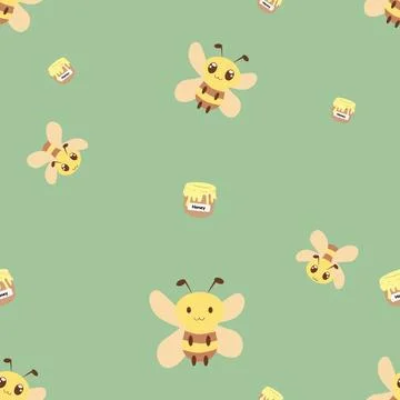 Cute Bee Seamless Pattern with Honey Jar Kawaii Cartoon Background for Kids.. イラスト素材