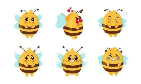 Cute bee set. A flat cartoon design featuring a set of cute bees in various e Stock Illustration