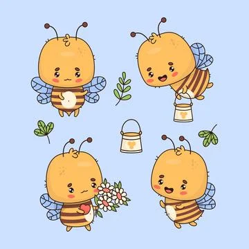 Cute bee set. Funny insect character with bouquet of flowers and bucket of .. Stock Illustration
