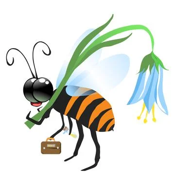 A cute bee with a suitcase in her hands and a large blue flower threw a bell Stock Illustration