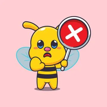 Cute bee with wrong sign cartoon vector illustration. Stock Illustration