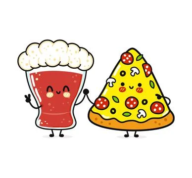 Cute beer glass and pizza slice holding hands Stock Illustration
