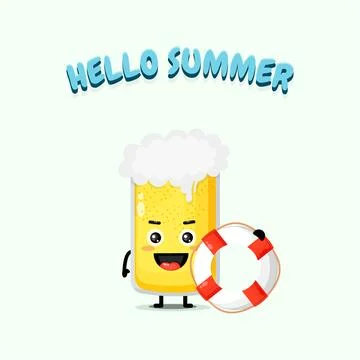 Cute beer mascot carrying a float with summer greetings Illustrazione stock