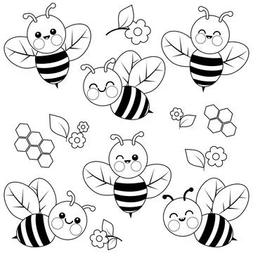 Cute bees collection. Vector black and white coloring page Stock Illustration