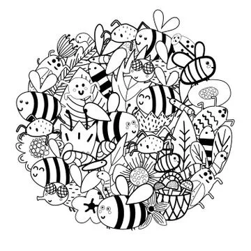 Cute bees in the flowers circle shape pattern. Funny insects coloring page Stock Illustration