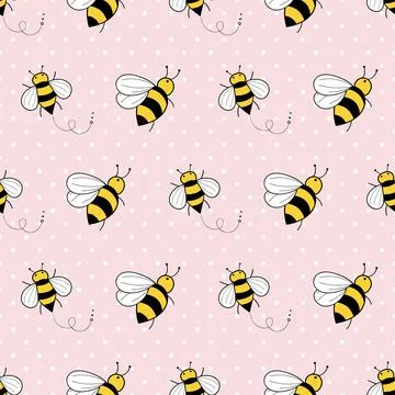 Cute bees seamless pattern on pink polka dots background Stock Illustration