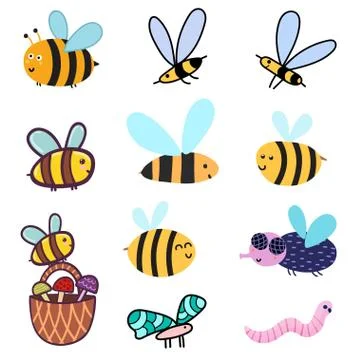Cute bees set. Clipart bundle with funny colorful insects - bees, fly, worm Stock Illustration