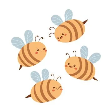 Cute bees set fly. Vector illustration of doodle bee in flat style. Stock Illustration