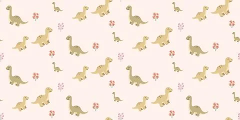 Cute beige baby dinosaurs pattern with pink flowers on light background Stock Illustration