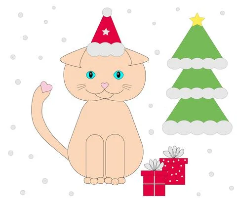 Cute beige cat in a santa hat with a pink heart on the tail and nose next to New Stock Illustration