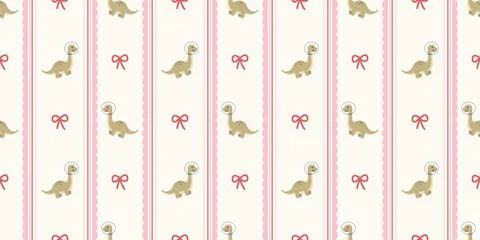 Cute beige dinosaur pattern with pink bows on light striped background seamless Stock Illustration