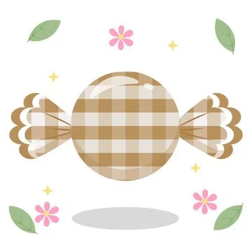 Cute Beige Pastel Gingham Candy with Flower and Leaf Decoration Ilustración de archivo