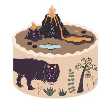 Cute bento cake with dinosaur, volcano and prehistoric plants. Jurassic Happy Stock-Illustration
