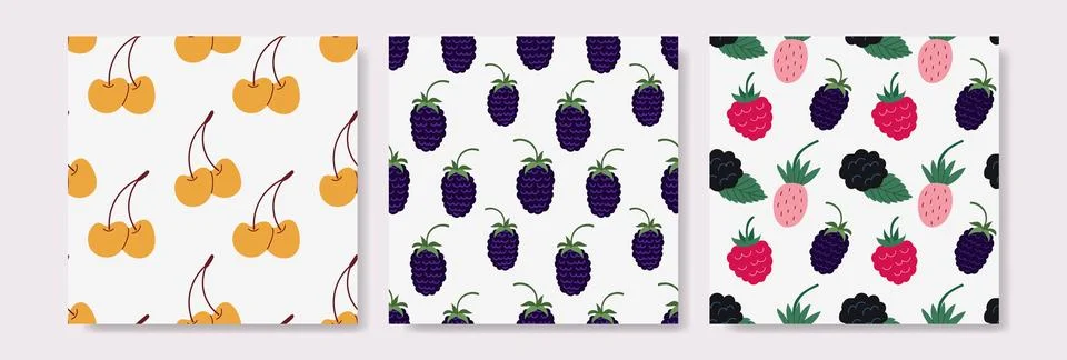 Cute berries pattern set including cherries, blackberries, and mixed berries Stock Illustration