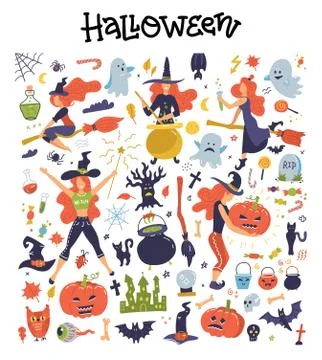 Cute big set with Halloween illustrations and icons: pumpkin, ghost, cat, bat Stock Illustration