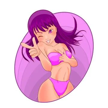 Cute bikini girl sticker concept illustration, pink theme color Stock Illustration
