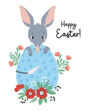 Cute bilby with big Easter egg and flowers. Australian animal is wild mamma.. Stock Illustration