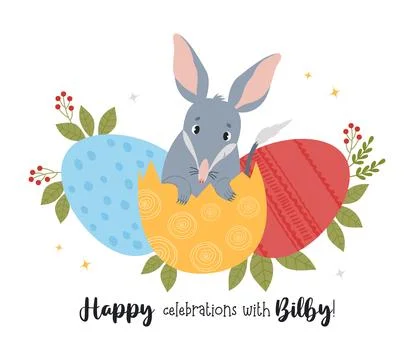 Cute bilby with Easter eggs. Australian animal is wild mammal. Easter greeting Stock Illustration