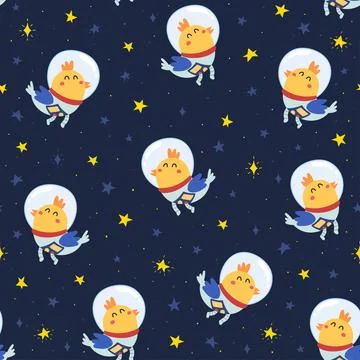 Cute bird astronaut seamless pattern. Space background Stock Illustration