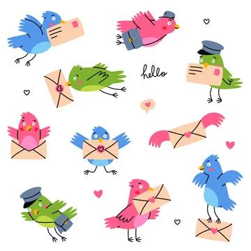 Cute Bird Carrying Envelope with Letter Vector Set Stock Illustration