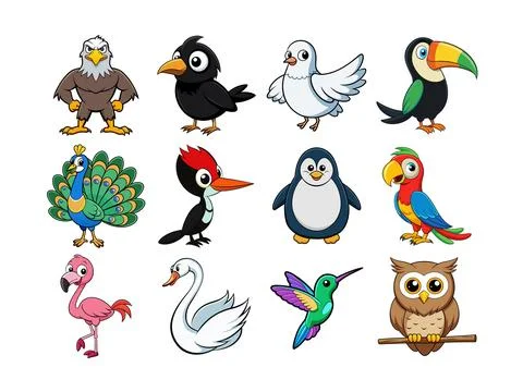 Cute Bird Cartoon Vector Set Stock Illustration