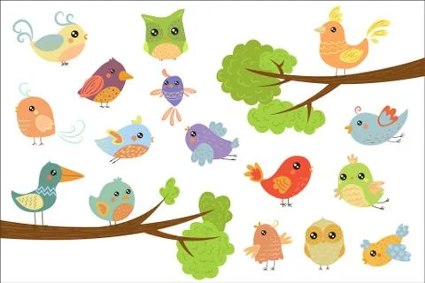 Cute bird characters set, cute colorful cartoon birds flying, singing, sitting Stock Illustration