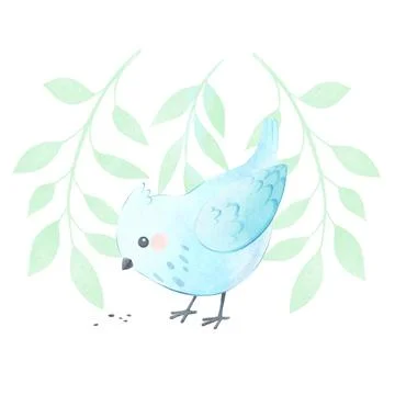 Cute bird with crest on branches background, cartoon white bird eating while Stock Illustration
