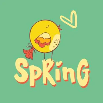 Cute bird. Hello Spring. hand sketched logotype, badge typography icon. Vecto Stock Illustration