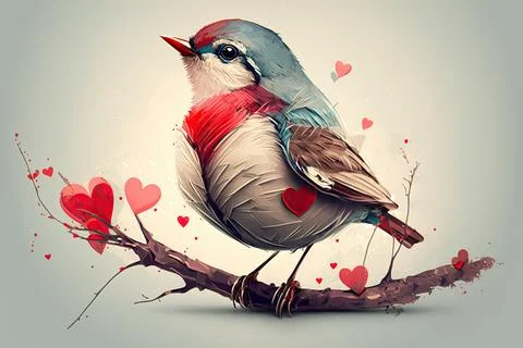 Cute Bird, isolated on a background with red hearts Stock Illustration