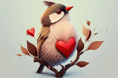 Cute Bird, isolated on a background with red hearts Stock Illustration