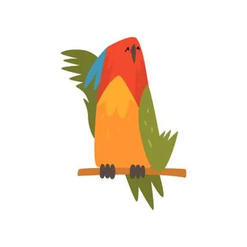 Cute Bird Napping on while Sitting on Perch, Funny Birdie Cartoon Character with Stock Illustration