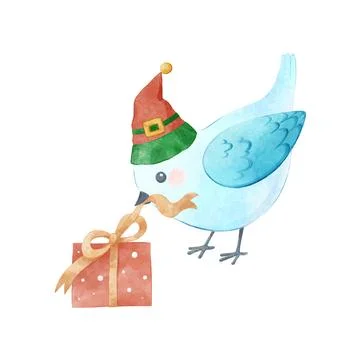 Cute bird in a party hat opens a box with a gift. Cartoon white dove watercolor Stock Illustration