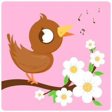 Cute bird singing on a blossoming tree branch. Vector illustration Stock Illustration