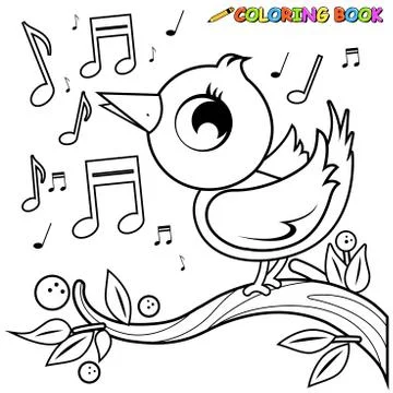Cute bird singing on a tree branch. Vector black and white coloring page Stock Illustration