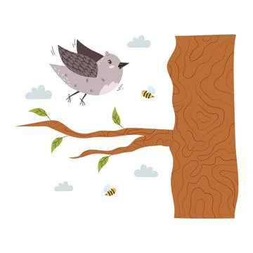 Cute bird sits on a tree branch. Stock Illustration