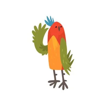 Cute Bird Waving Its Wing, Funny Birdie Cartoon Character with Bright Colorful Illustrazione stock