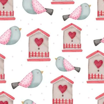 Cute birdhouse and bird pattern with pink hearts and gray birds Stock Illustration