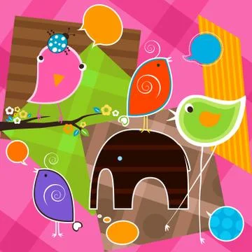Cute birds and elephant with bubbles speech Stock Illustration
