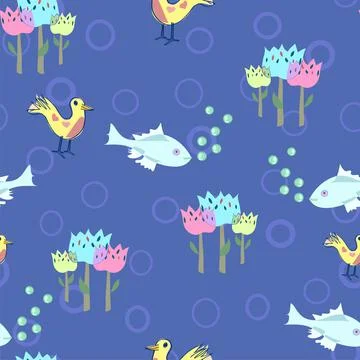 Cute birds and fish vector repeat pattern Stock Illustration
