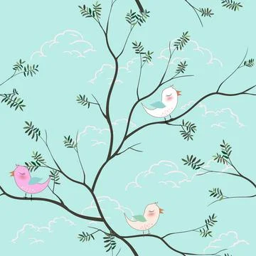 Cute birds cartoon seamless pattern on soft blue background for kid product,t Stock Illustration