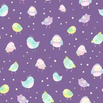 Cute birds on a dark violet background. Stock Illustration