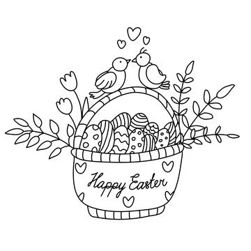 Cute birds on Easter basket with twigs, flowers and eggs doodle Stock Illustration