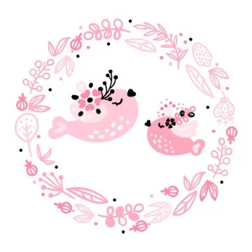 Cute birds in a round frame Stock Illustration