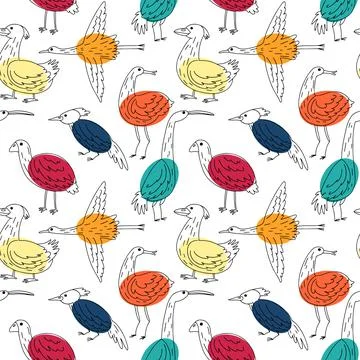 Cute birds seamless pattern. Collection of doodle hand drawn birds. Cute back Stock Illustration