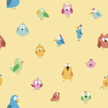 Cute birds seamless pattern. Cute Cartoon birds background. Vector Illustrati Stock Illustration
