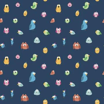 Cute birds seamless pattern. Cute Cartoon birds background. Vector Illustrati Stock Illustration
