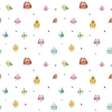 Cute birds seamless pattern. Cute Cartoon birds background. Vector Illustrati 스톡 일러스트
