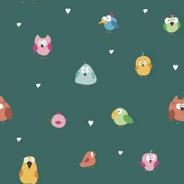 Cute birds seamless pattern. Cute Cartoon birds background. Vector Illustrati Stock Illustration