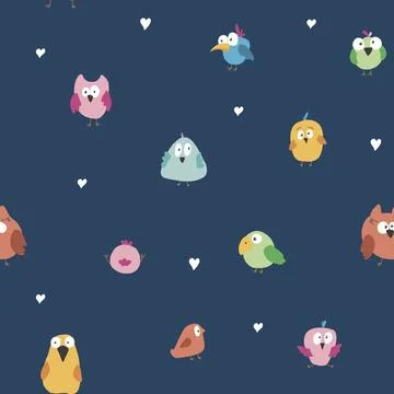 Cute birds seamless pattern. Cute Cartoon birds background. Vector Illustrati Stock Illustration